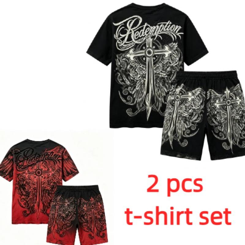 Sommer Gotischer Stil Kreuzschwert Aufdruck Rundhals Kurzarm T-Shirt und Shorts Set Herren und Damen T-Shirt Shorts Set