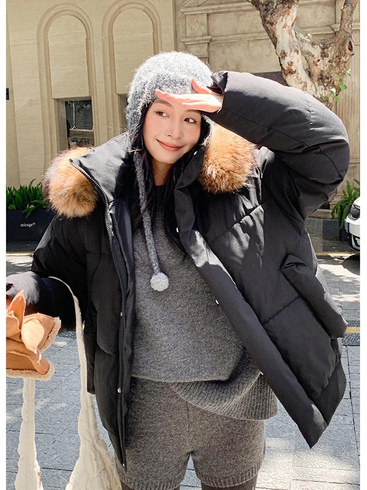 Dámská krátká bunda s velkou kožešinovou kapucí, větruodolná, zateplená, teplá zimní bunda s raglánovými rukávy