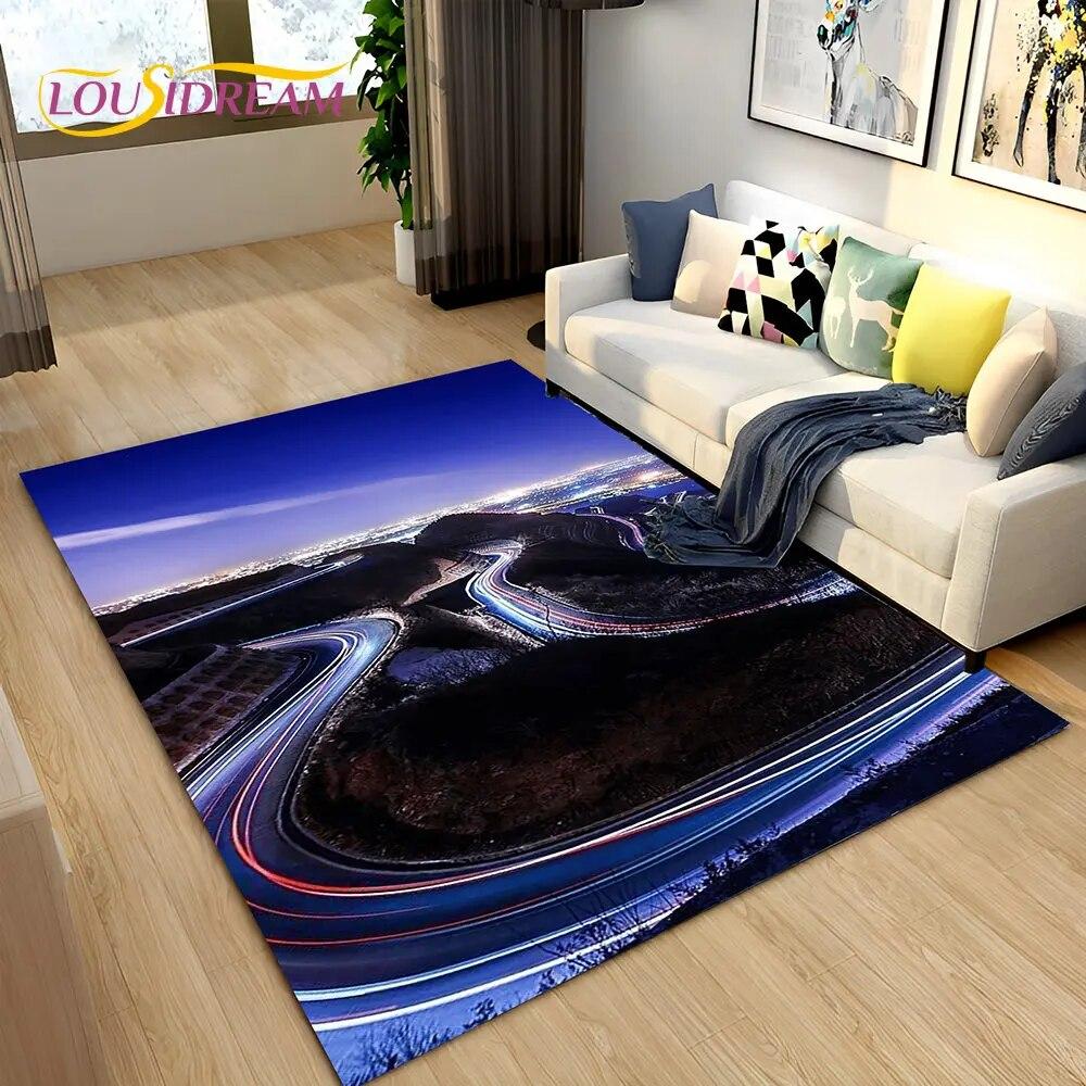 3D Neon Expressway Track Road Area Rug Large,Carpet Rug for Home Living Room Bedroom Sofa Doormat Decor,Kids Non-slip Floor Mat
