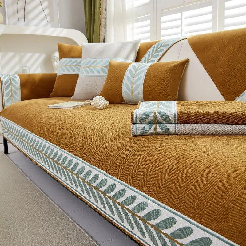 Herringbone Pattern Chenille Leaf Edge Splicing Sofa Cover Non-slip Couch Cover Living Room Sofa Backrest Armrest Protector Mat