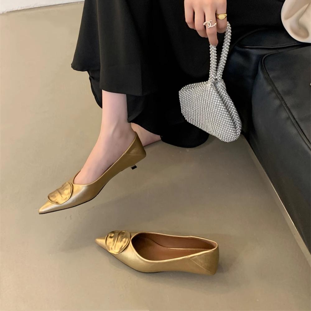 Fashion Low Heels Shoes Woman 2025 Metal Chain Shallow Mouth Female Footwear Pointed Toe Autumn New Buckle Dress Fall Nurse Med Thin