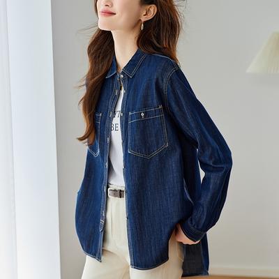 Blue Denim Shirt Women's Medium and Long Spring and Autumn Clothes New Loose Front Shoulder Jacket Top