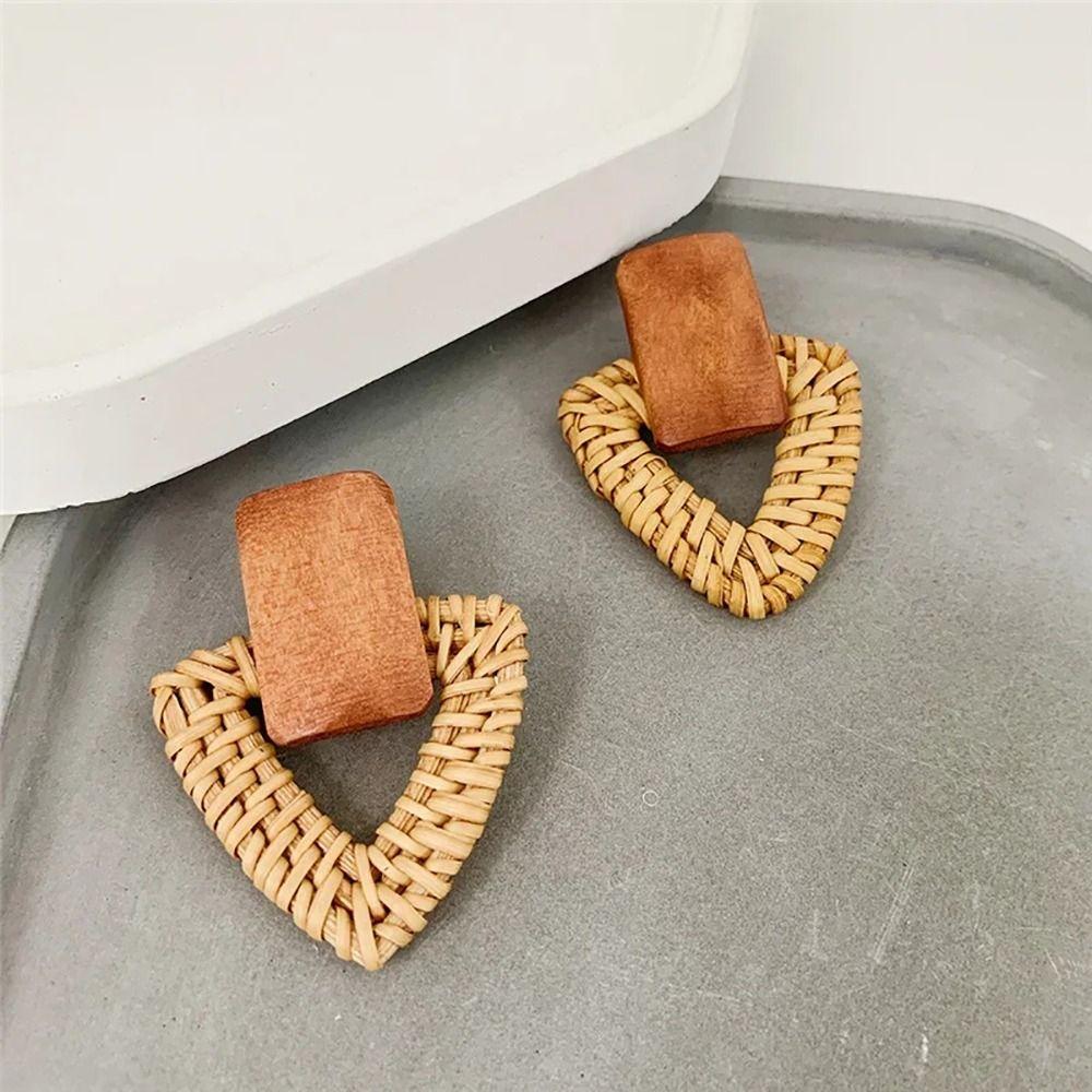 1Pair Bohemian Rattan Knit Earrings Vintage Round Triangle Long Drop Dangle Earring Geometric Handmade Jewelry Accessories