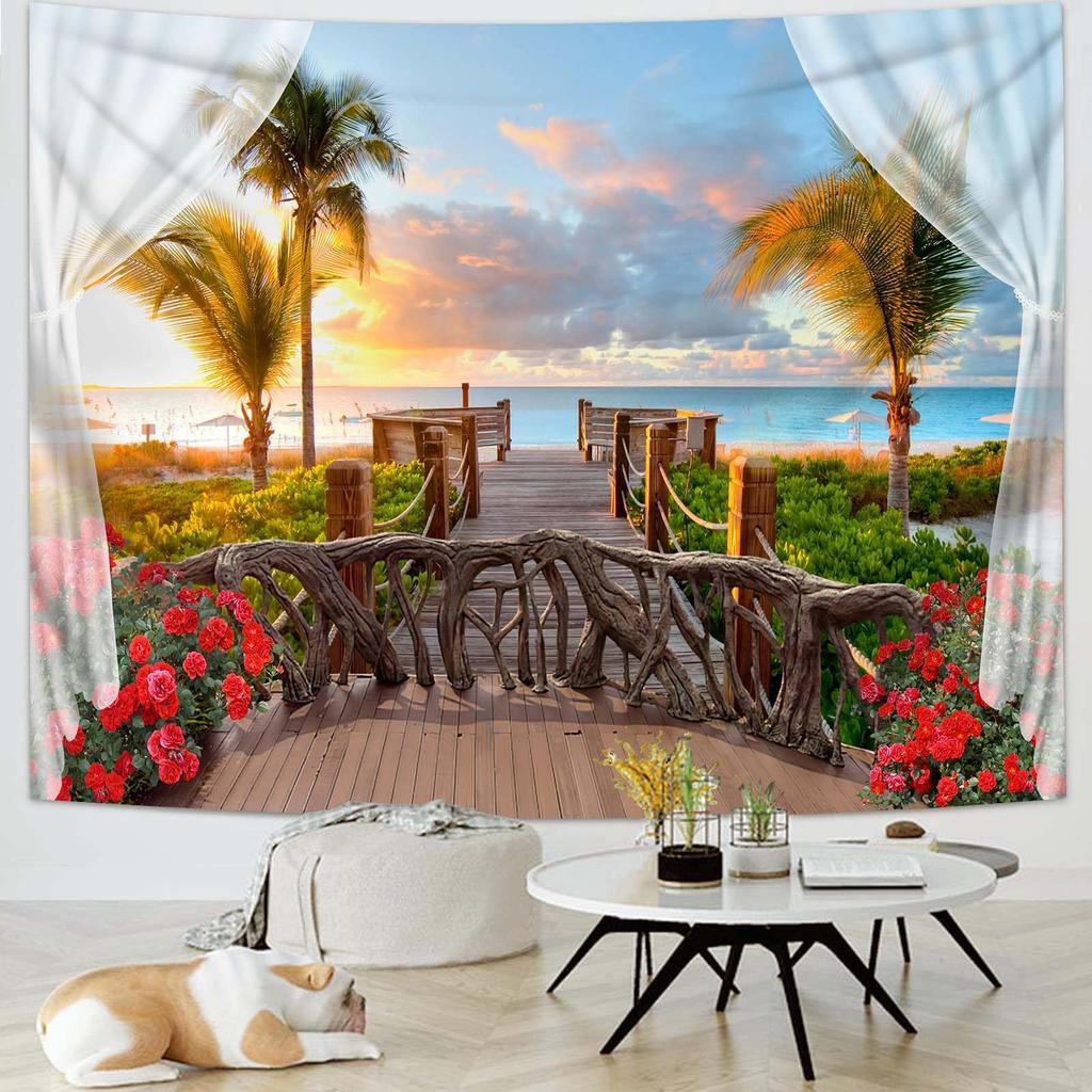 Beach Window Tapestry Wall Hanging Beachy Coastal Ocean Nature Tropical Landscape Scenic Tapestries For Bedroom Living Room Wall
