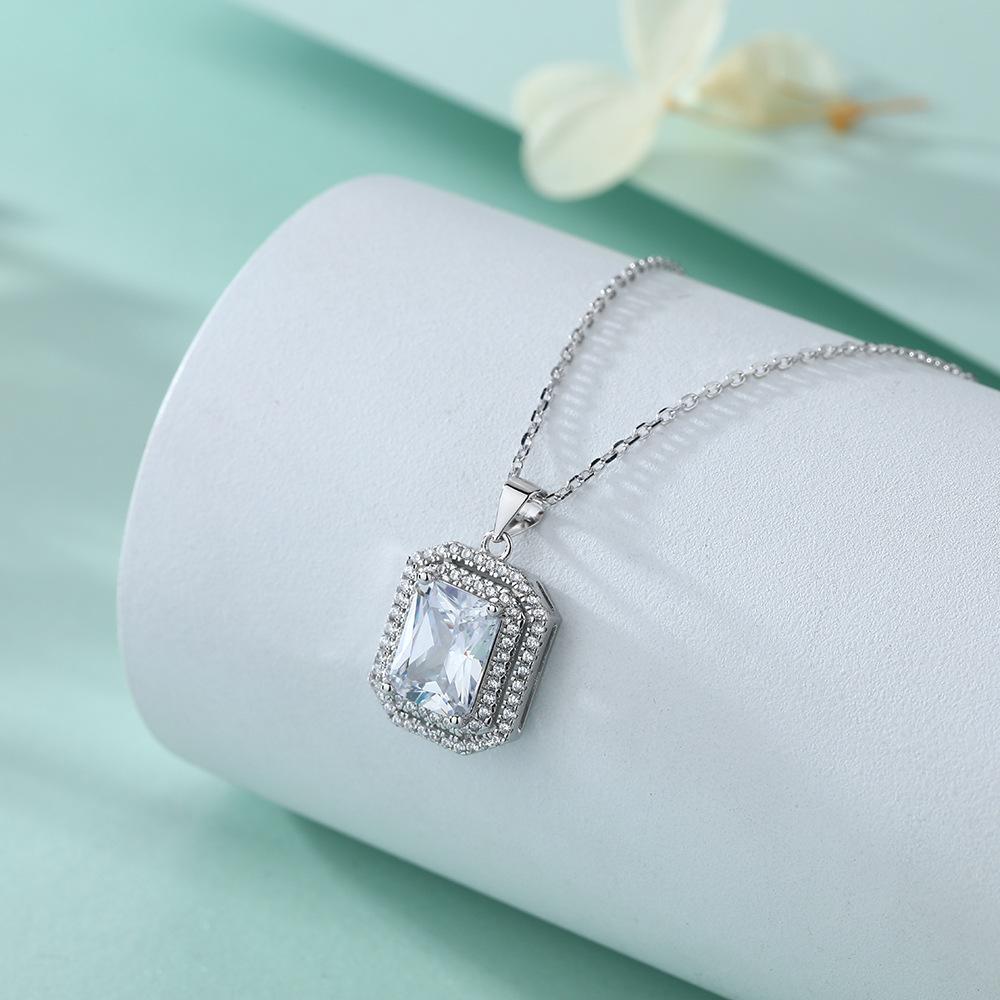 925 Sterling Silver Necklace Wholesale European and American Style Fashion Rectangular Zircon Square Diamond Pendant Collarbone Chain Ins