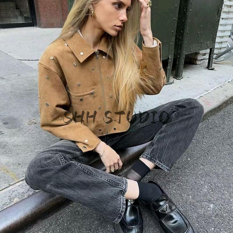 Spring New Women's Clothing Fashion Wind Casual All-Matching Turn-down Collar Long Sleeve Decorative Rivets Suede Jacket Outwear