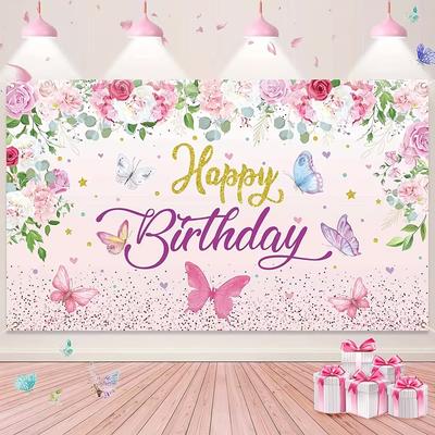 2D Alles Gute zum Geburtstag Hintergrundtuch Rosa Blumig & Schmetterling Banner für Fotostudio
