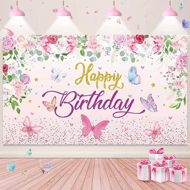 

2D Happy Birthday Background Cloth Pink Floral & Butterfly Banner for Photo Studio 47.2x31.5inch/120*80cm