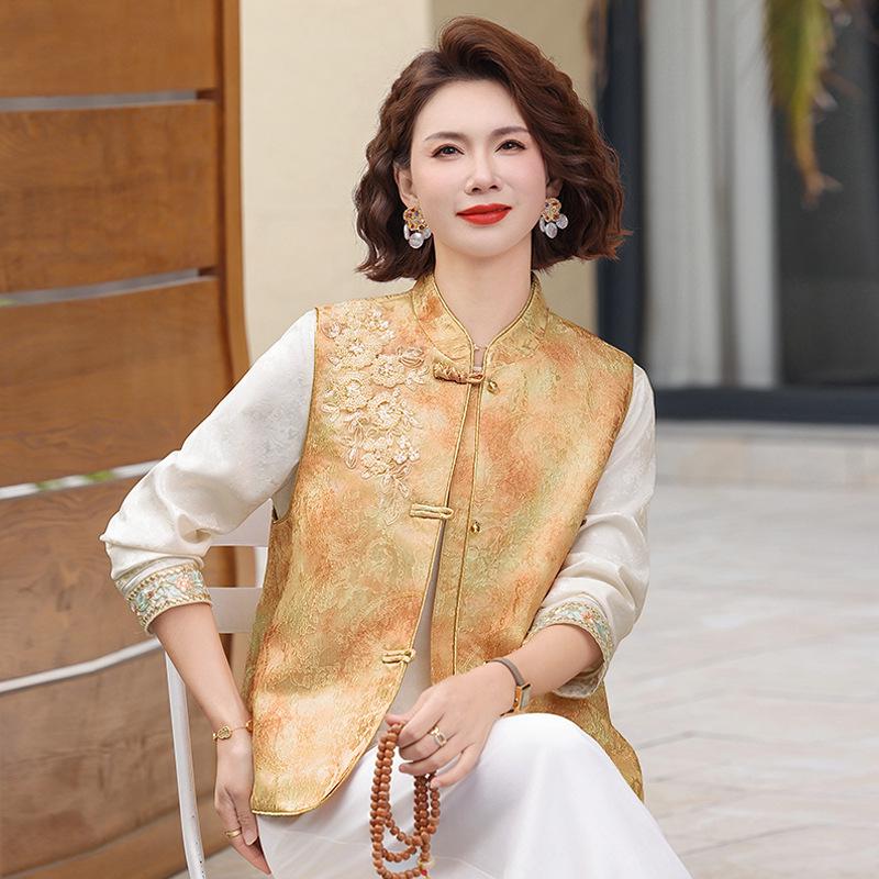 Spring New Chinese Style Embroidered Frog Button Vest & Retro Jacquard Waistcoat Set for Women