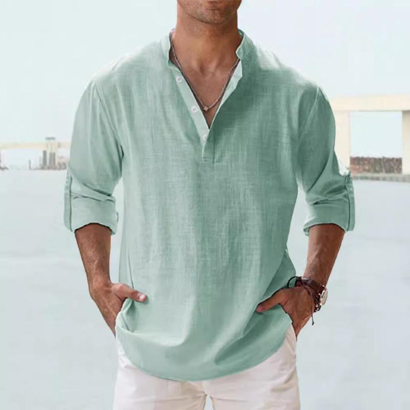 Men's Linen Stand-up Collar Long-sleeved T-shirt Loose Undershirt Solid Color Long-sleeved Cotton and Linen Shirt Men's