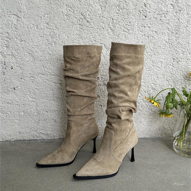 

Плиссированные женские сапоги до колена, модные туфли с острым носком, осень-зима, на высоком каблуке, женские сексуальные длинные сапоги 35