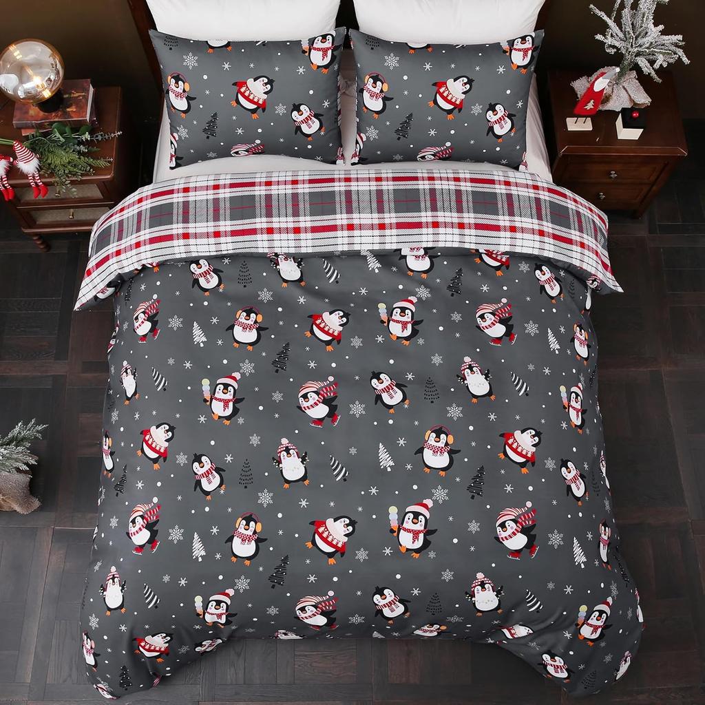 Christmas Duvet Cover Set 3 Pieces Penguin Snowflakes Xmas Tree Bedding Set Grey Reversible Plaid Comforter Set