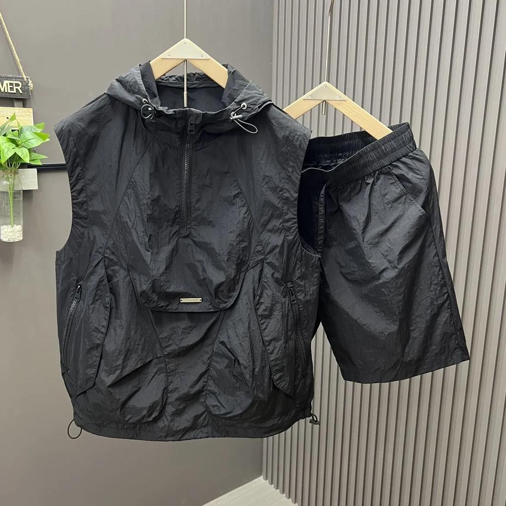 Men's Summer Loose Casual Plus Size Suit, Youth Hooded Cover, Quick Drying Top and Shorts Two-piece Set