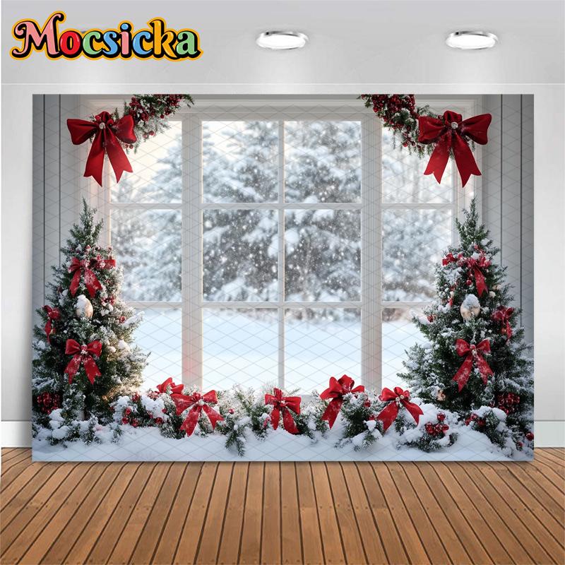 Mocsicka Christmas Photography Background Family Festival Party Backdrops Home Xmas Tree Winter Snow Window Pattern Decor Banner