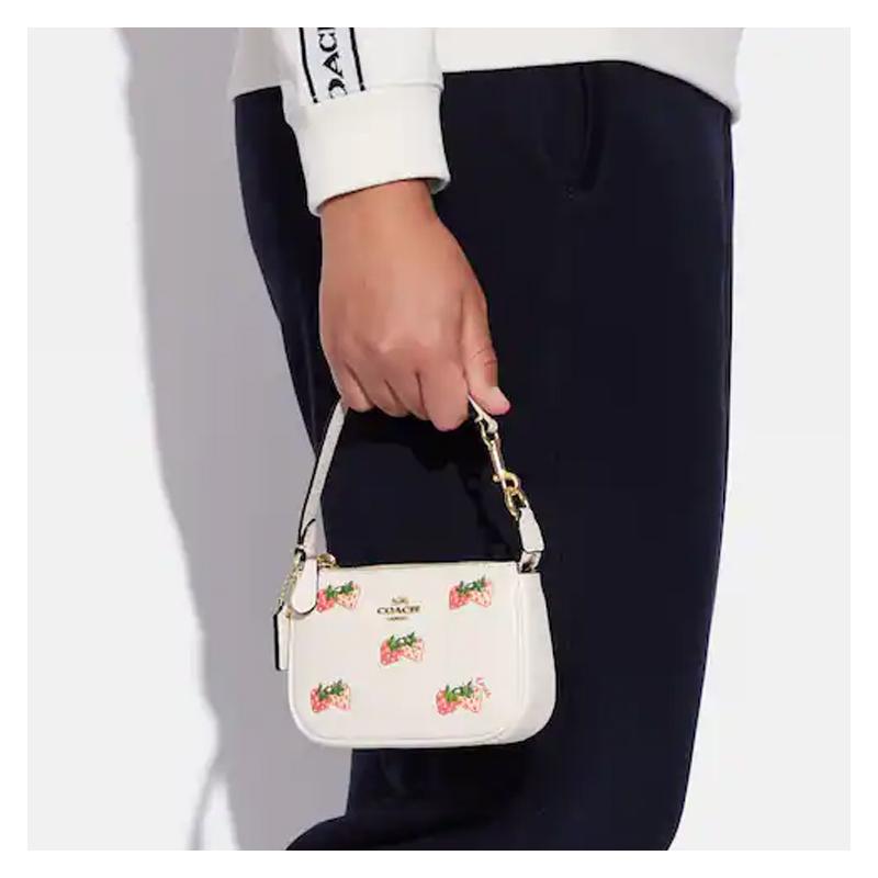 Coach Nolita 15 Strawberry Print Zipper Closure Strapless Pebbled Cowhide Mahjong Bag Underarm Bag Clutch Tote Mini Women’s White