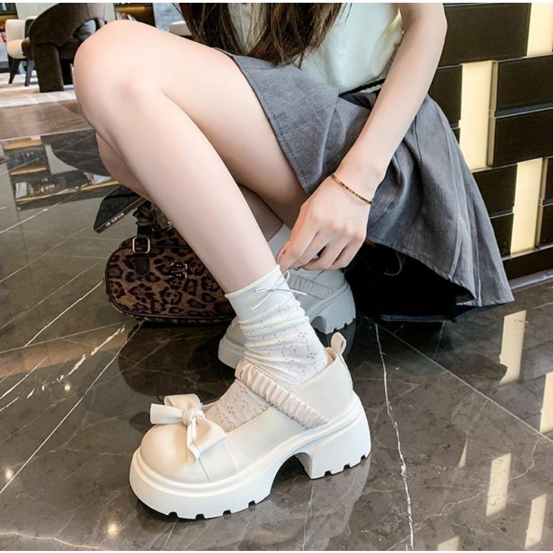 Fashion Japanese Style bowknot JK Thick Heel Mary Jane Women's Shoes Summer Vintage French Slip-On PU Leather Chunky Cosplay Pumps