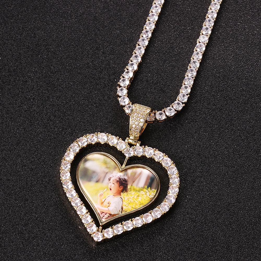 Rotatable Double-Sided Heart Photo Pendant Necklace with Zirconium Inlay - Yunyi Jewelry