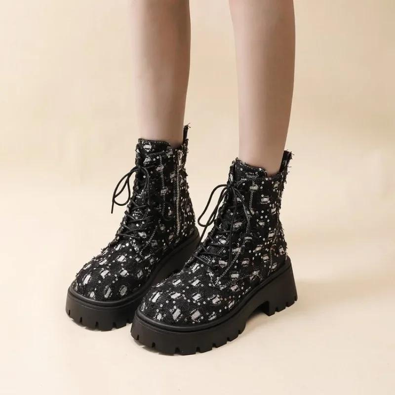 2024 Nové Zimní Dámské Lodičky Boty Vysoké Kvality Šněrovací Evropské Dámské Boty Gotické Punkové Ležérní Bílá Platforma Žena Jaro