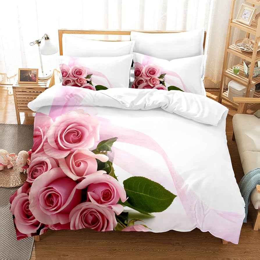 Rose Duvet Cover QueenRomantic Floral Bedding Set for Girls CoupleBlossom Flowers Quilt Cover Valentine's Day Bedspread Cover
