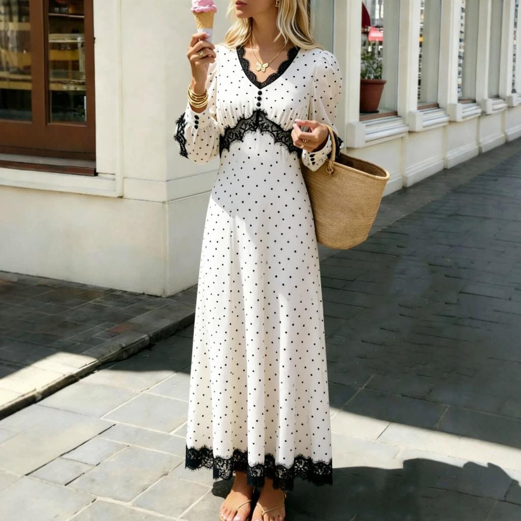 Europe and America 2026 new French retro style long dress polka dot lace splicing deep V-neck long-sleeved dress