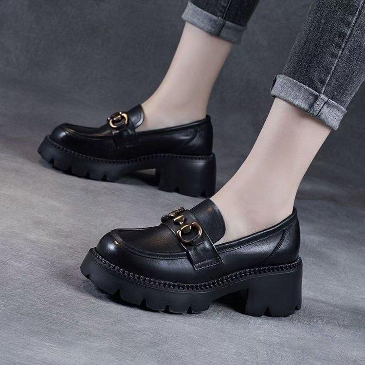 Muffin Thick-soled Heightened British Style Women's 2026 New Spring Lace-up Soft-soled Single Shoes Versatile Small Leather Shoes