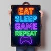 Eat Sleep Game Repeat Neonschild Gaming Metallposter Benutzerdefinierte Wandkunst Retro Vintage Blechschilder für Man Cave Badezimmerdekoration