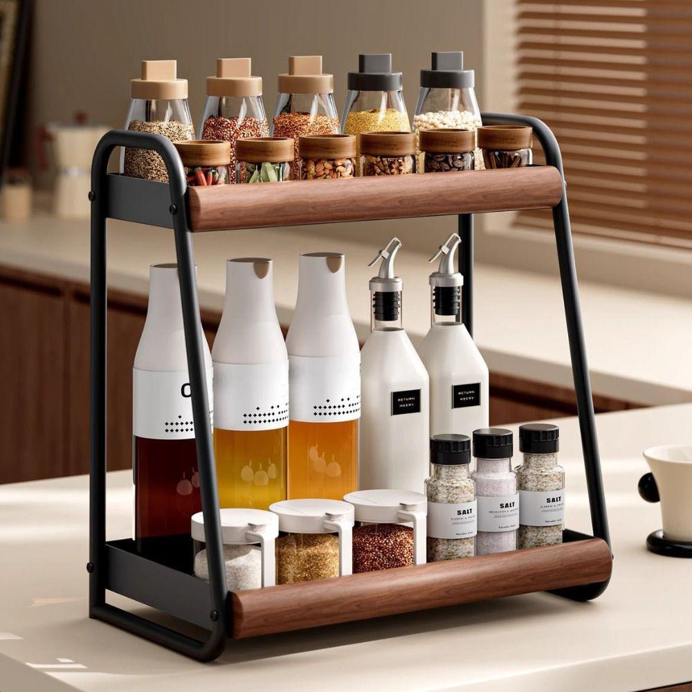Double-Layer Seasoning Stand Solid Wood Kitchen Organizer Condiment Storage  Home Rack