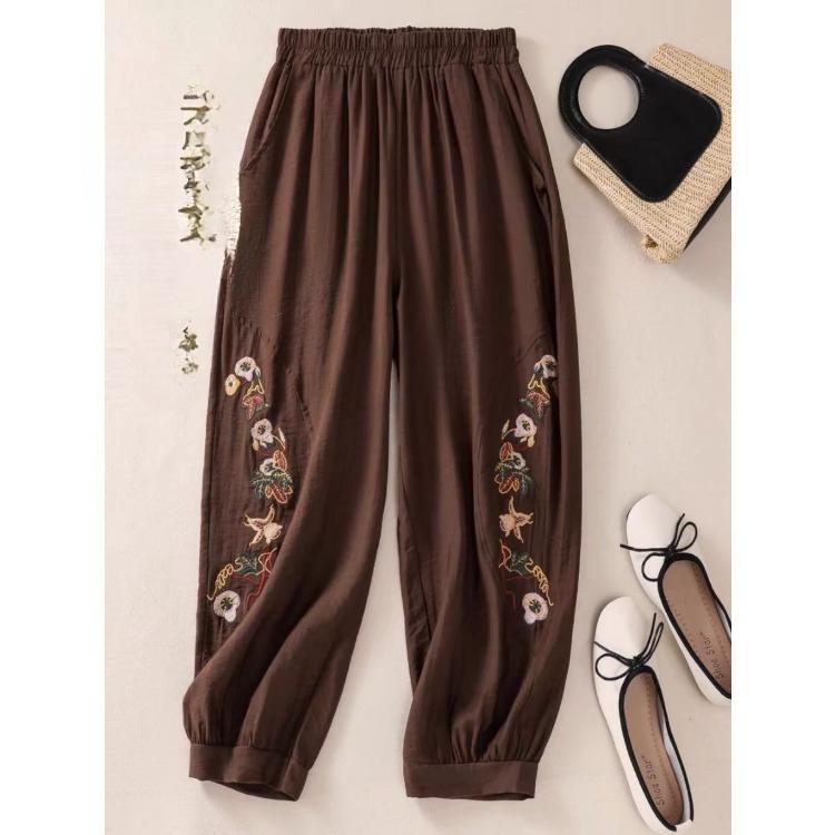 Summer Women's Cotton and Hemp Embroidered Haren Pants Middle Aged and Elderly Large Loose Haren Pants Mom Cropped Pants