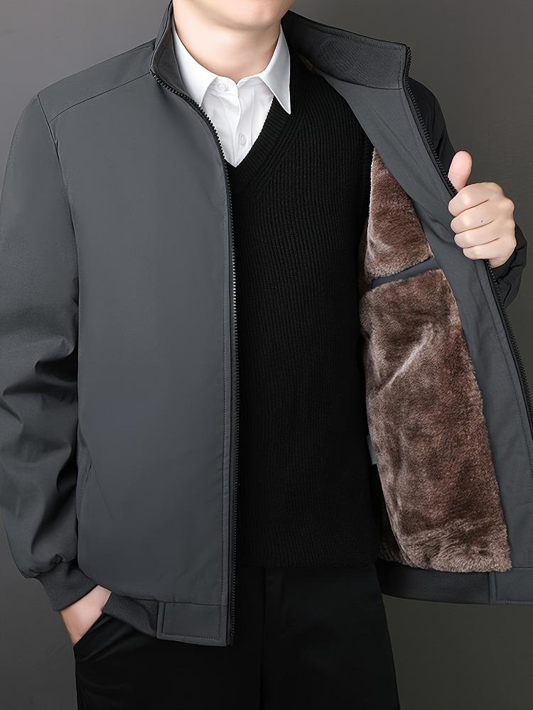 

Men s Solid Color Stand Collar Winter Jacket, Long Sleeve Fleece-Lined Zip-Up Front Jacket For Outdoor Casual Wear 5XL серый