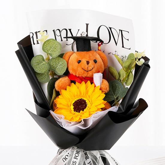 Studentgosedjurshjärte Virkad Solrosbukett Handstickad Garn Konstgjord Blomma med Studentgosedjur Dekoration Studentfest Presenter