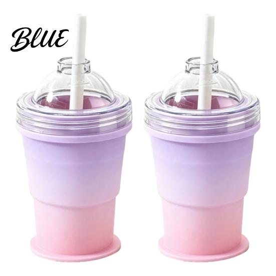 Non-breakable Ice Ball Maker Cup with Lid And Straw 2-in-1 Foldable Silicone Travel Straw Drinking Cup Portable Iced Beverage for Outdoor