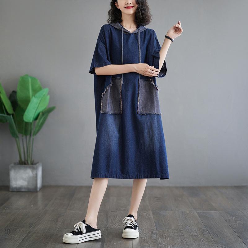 Plus Size Dress Mid Long Loose Casual Fashionable Hooded Short Sleeved Denim Dresses 2025 Women Summer Loose Hole Dress