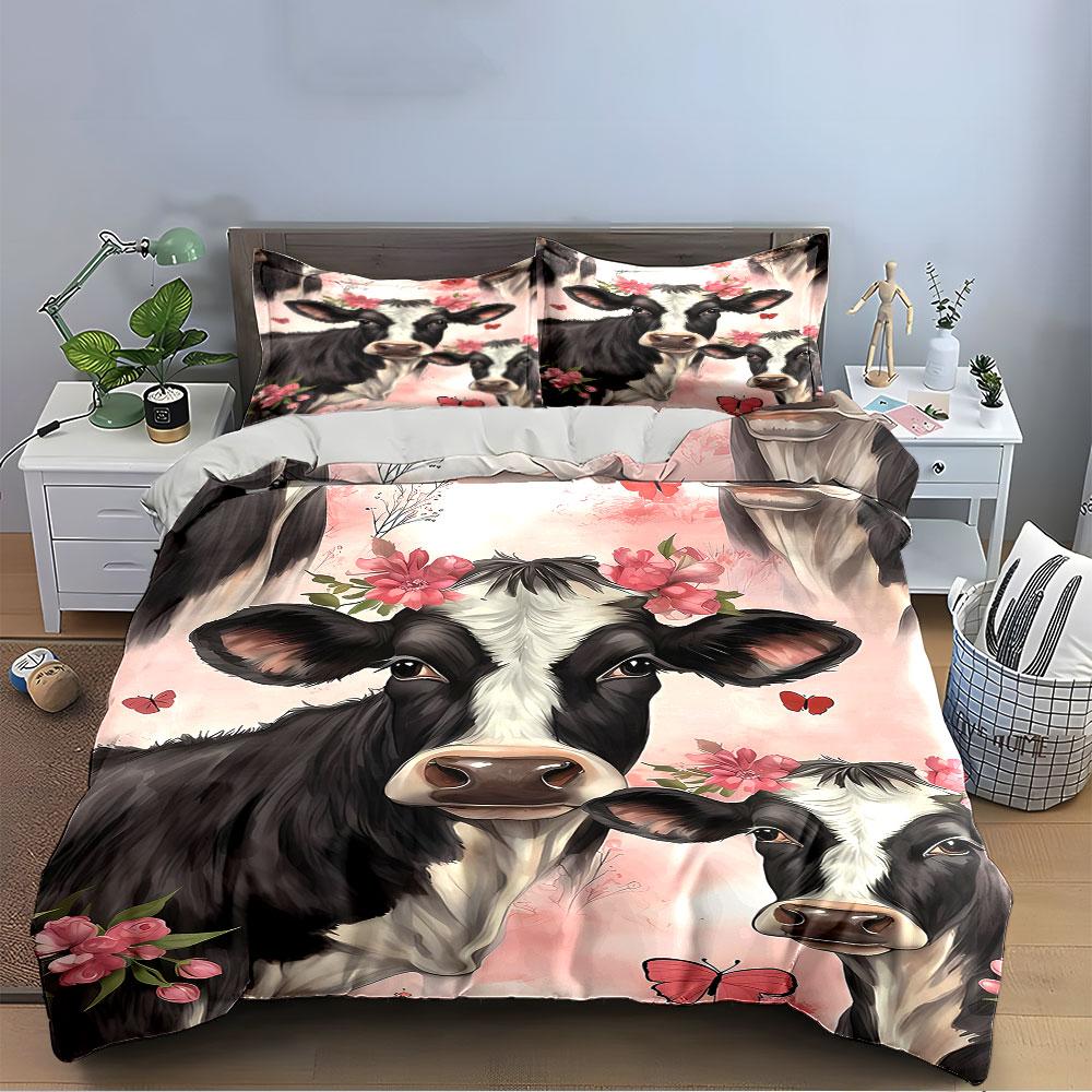 Cow Pattern with Flowers and Butterflies Bedding Duvet Cover Set (1*Duvet Cover 2*Pillowcases, without duvet insert)