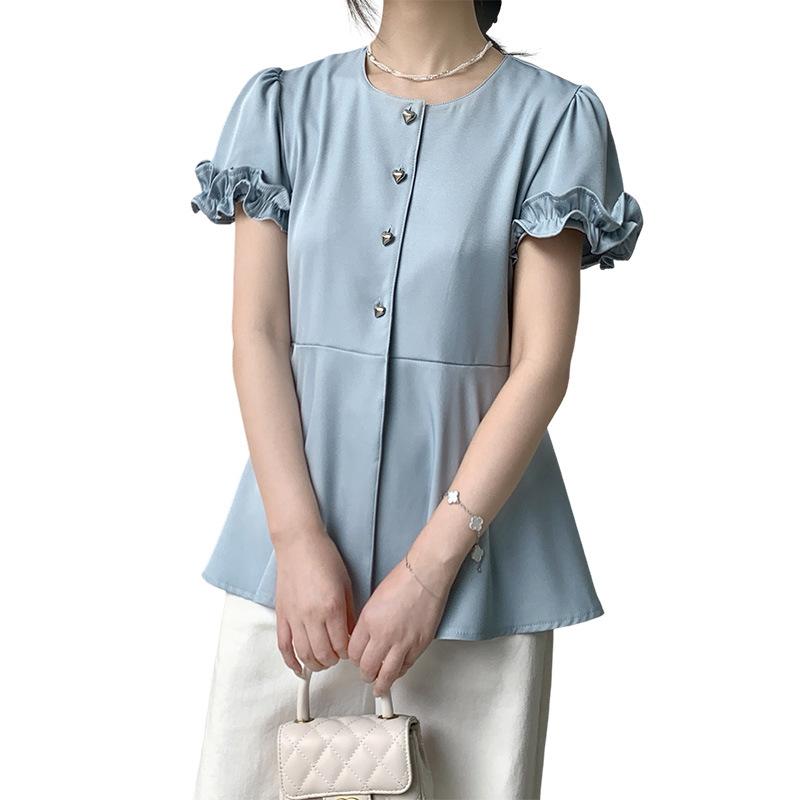 

Однотонная рубашка с короткими рукавами для женщин, летняя, повседневная и универсальная, с круглым вырезом, облегающий крой и рукавом в виде листьев лотоса XL синий