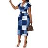Patchwork Print V Neck Dress, Elegant Short Sleeve Dress For Spring & Summer, Women's Clothing
