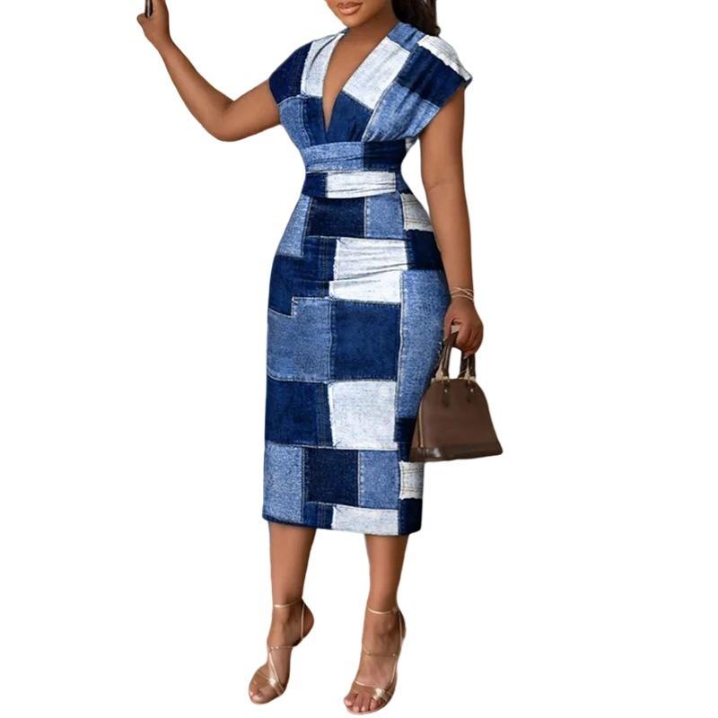 

Платье с V-образным вырезом и принтом в стиле пэчворк, элегантное платье с короткими рукавами на весну и лето, женская одежда 2XL синий