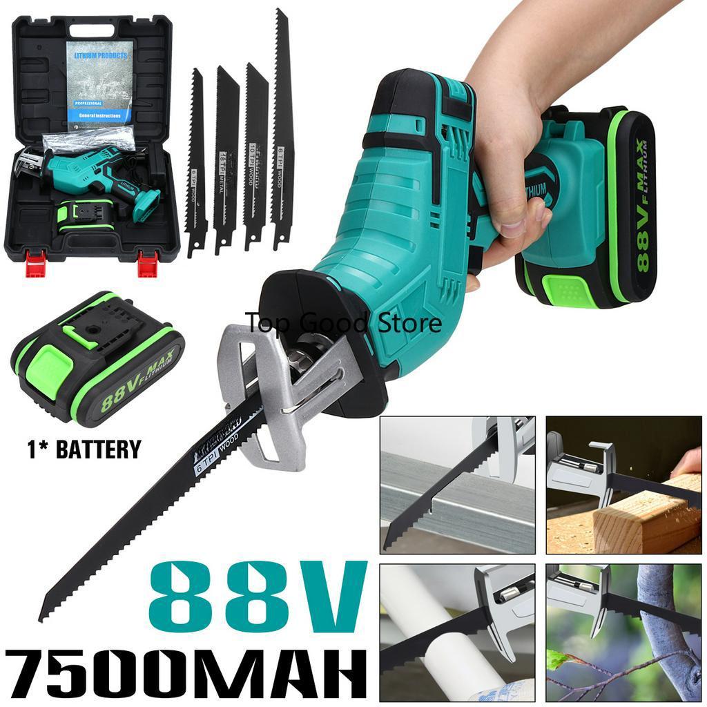 88V Multifunction Saw Cordless Reciprocating Saw Handsaw Saber Saw for Metal Wood Pipe Cutting Saw with 4 Blades Kit Blue