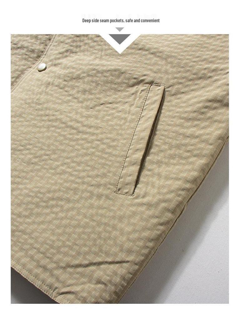 Retro Kragenlose Stepp karierte Baumwolljacke für Herren - Japanischer Stil Warme Schicht