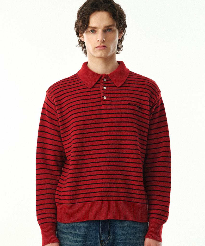 MOONSUN 02 M.C Unisex, Stripe Wool Collar Knit / Deep Red