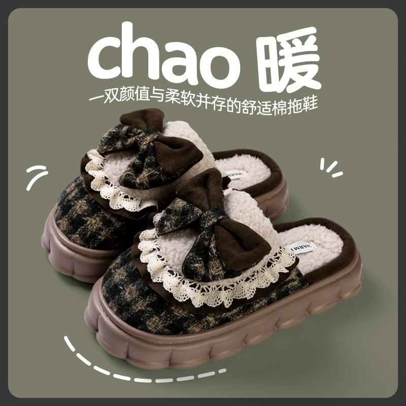 Bow Cotton Slippers Women's Winter New Indoor Home Thick-bottomed Velvet Thermal Bag and Slippers Winter