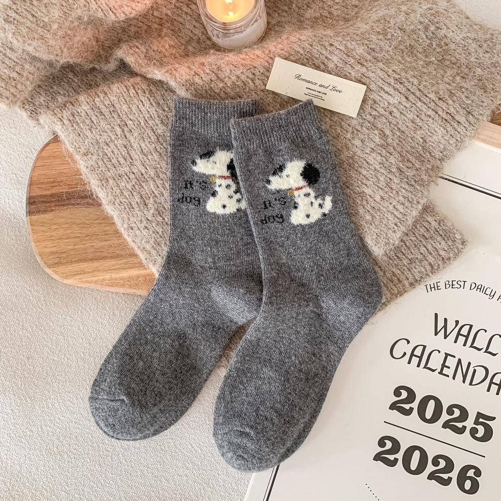 Female Autumn and Winter Thickened Warm Cartoon Cute Dog Wool Tube Pile Socks