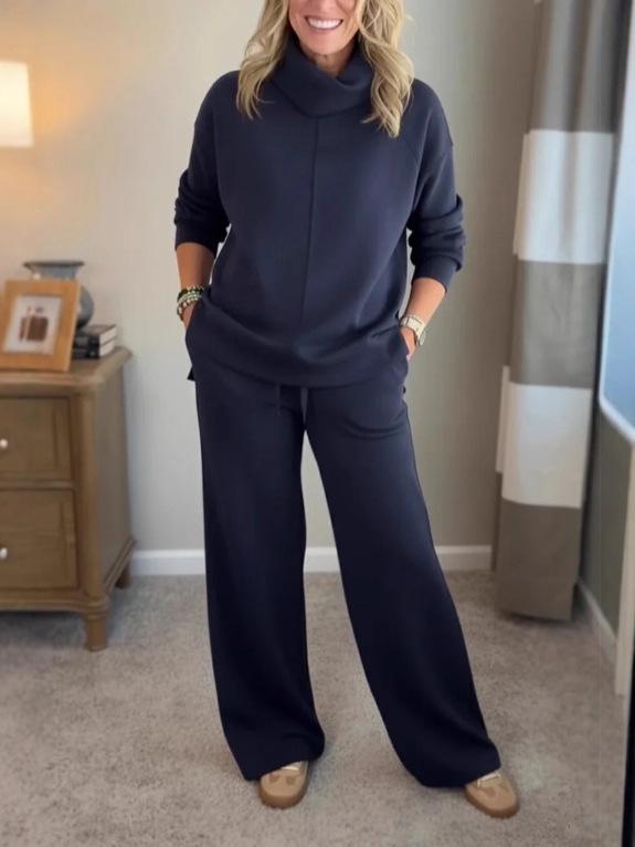 2025 Herbst/Winter Damen Unifarbener Kapuzenpullover mit hohem Kragen & Top Zweiteiliges Set - Lässig und Stilvoll