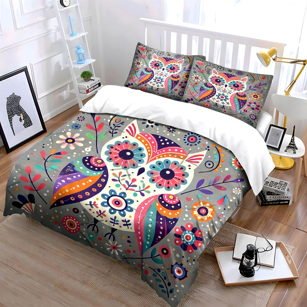 Colorful Owl and Floral Design Bedding Duvet Cover Set Duvet Cover Pillowcases  (1*Duvet Cover 2*Pillowcases, without duvet insert)