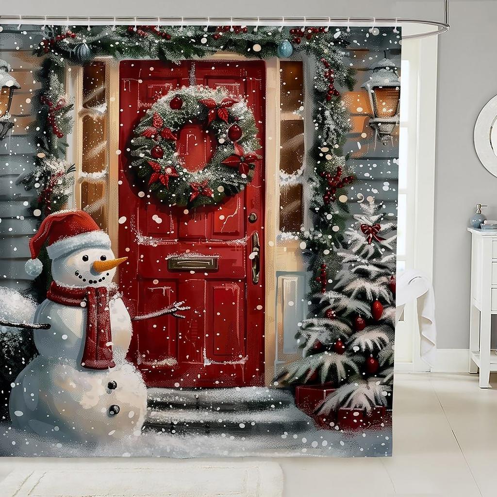 3DCute Cat Shower Curtain Christmas New Year Theme Bathroom Curtains for Kids Boys Girls Teens Lovely Kitty Decor Winter Holid