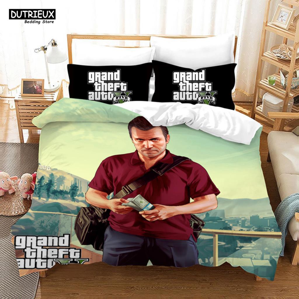 GTA V Game - Themed Cartoon Bedding Set with Duvet Cover and Pillowcase, Including Comforter