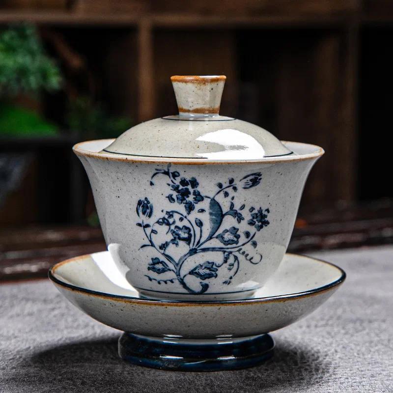Vintage Firewood Hand Painted Gaiwan, Ceramic Blue and White Ceremony Bowl, Kung Fu Tea Set, Stoneware Brewing Cover, Tureen
