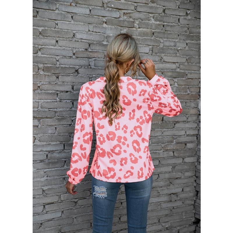 Plus Size Leopard Print V Neck Off The Shoulder Long Sleeved Top for Women