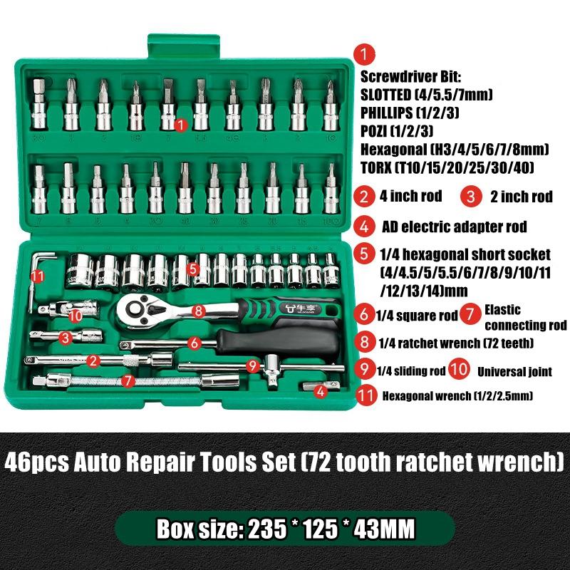 Pro 24/72 Teeth Ratchet Wrench Set with Sockets Screwdriver Bits Hand Tools Set Extension Rod Suitable for Car Repair Household