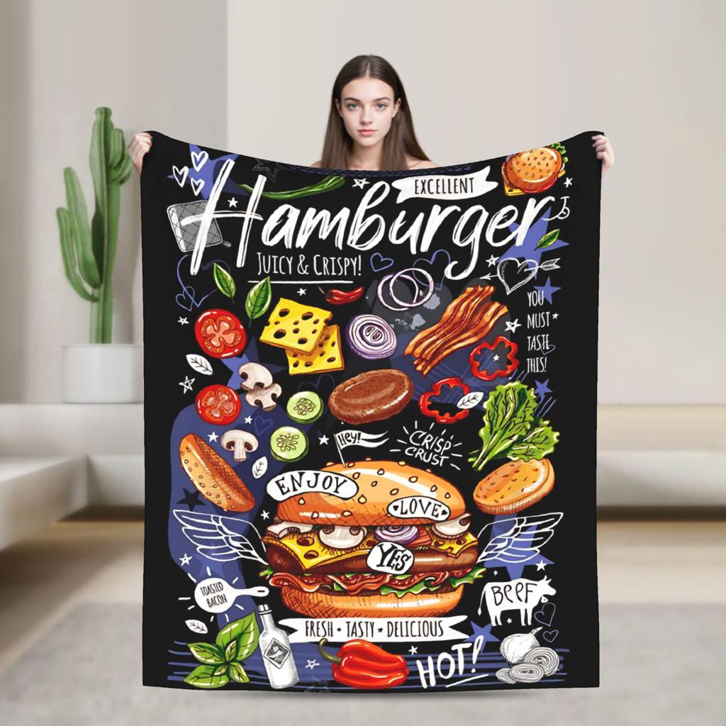 Fast Food Yummy Burger Pizza Doughnut Blankets Coral Fleece Plush All Season  Multi-function Soft Throw Blanket for Sofa