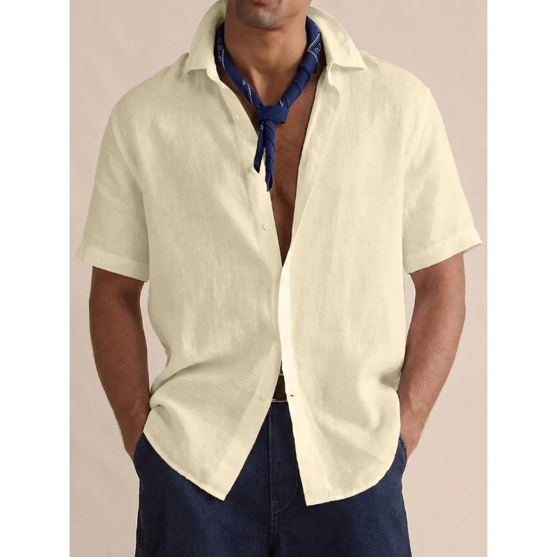 Mens Casual Solid Color Linen Short Sleeve Button Up Shirt